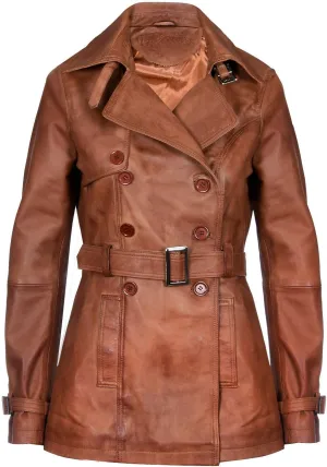 Ladies Leather Trench Coat Tan Mid Length Coat Classic Jacket