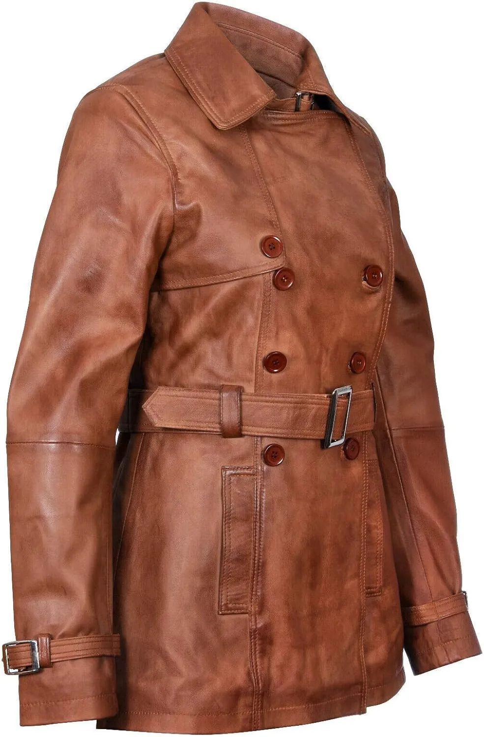 Ladies Leather Trench Coat Tan Mid Length Coat Classic Jacket