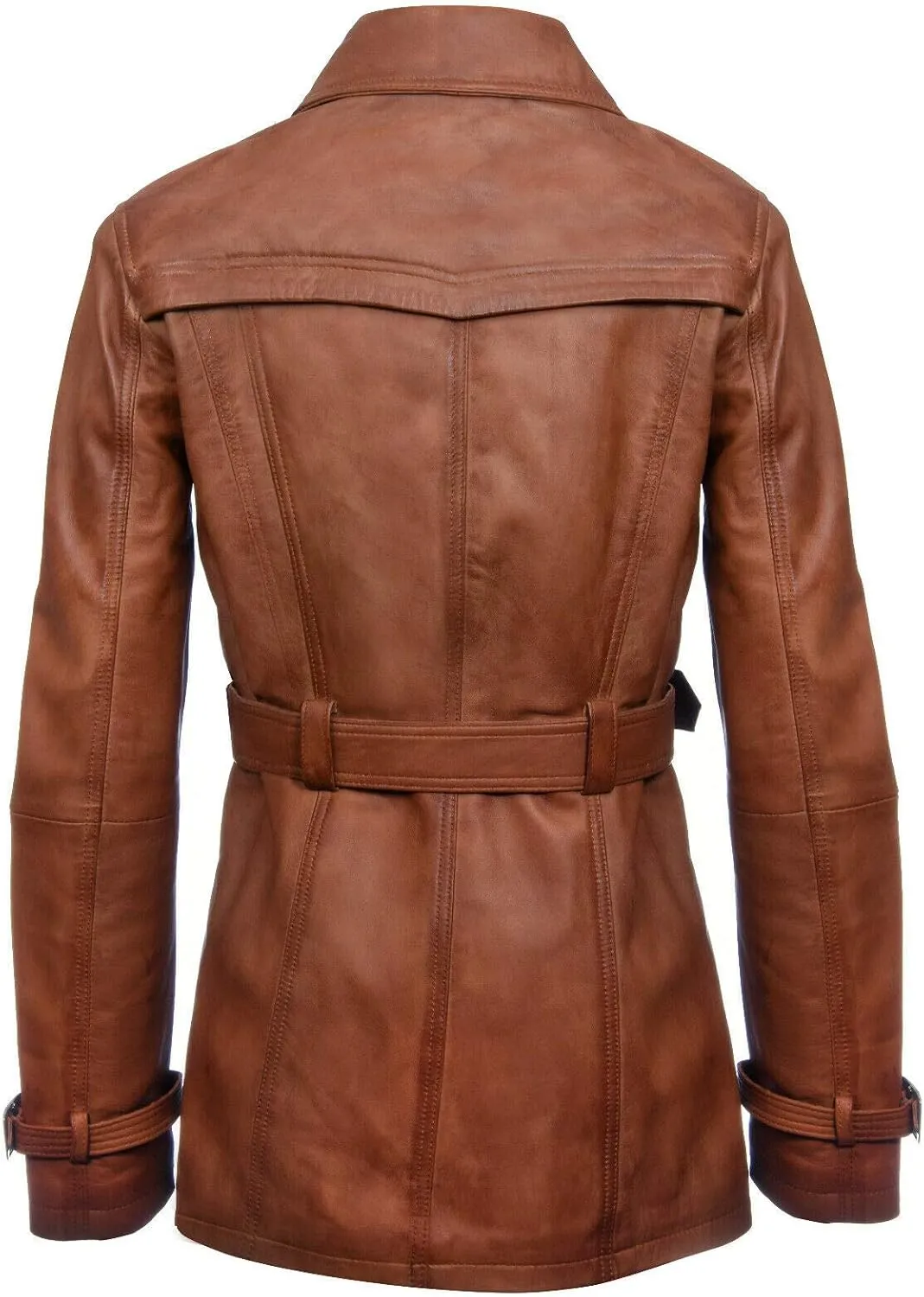 Ladies Leather Trench Coat Tan Mid Length Coat Classic Jacket