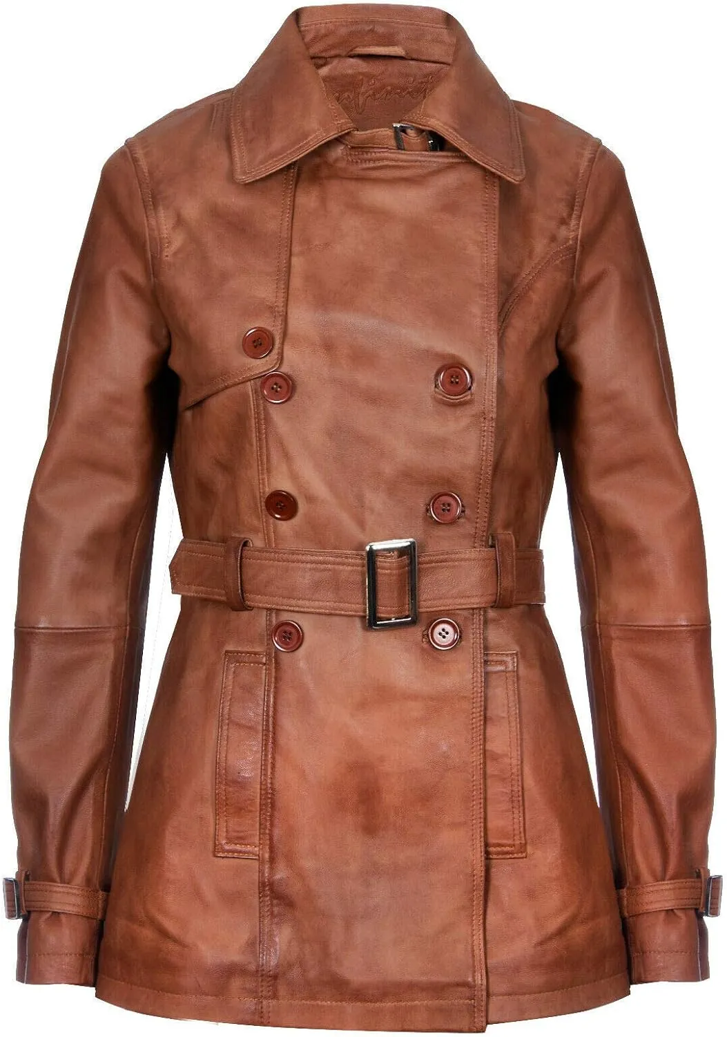 Ladies Leather Trench Coat Tan Mid Length Coat Classic Jacket