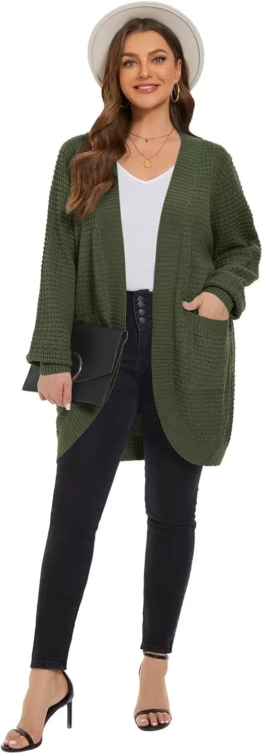 LARACE Long Cardigans for Women Plus Size Tops Open Front Sweaters with Pockets Waffle Ribbed Sleeve Loose Fall Outwear