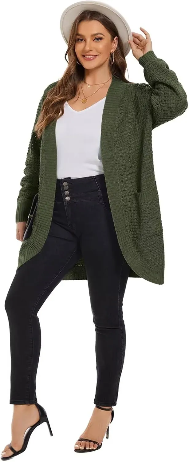 LARACE Long Cardigans for Women Plus Size Tops Open Front Sweaters with Pockets Waffle Ribbed Sleeve Loose Fall Outwear
