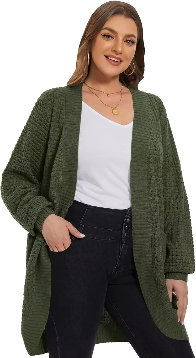 LARACE Long Cardigans for Women Plus Size Tops Open Front Sweaters with Pockets Waffle Ribbed Sleeve Loose Fall Outwear