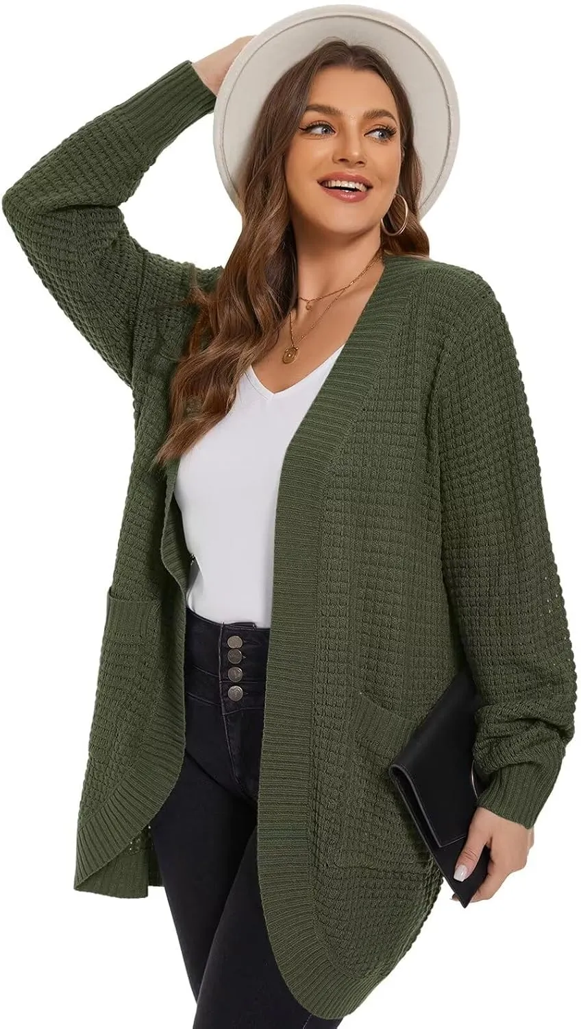 LARACE Long Cardigans for Women Plus Size Tops Open Front Sweaters with Pockets Waffle Ribbed Sleeve Loose Fall Outwear