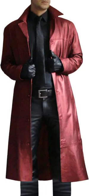 Leather Coat Men Full Length Vintage Classic Faux Leather Long Leather Jacket Notched Collar Long Trench Coat Overcoat