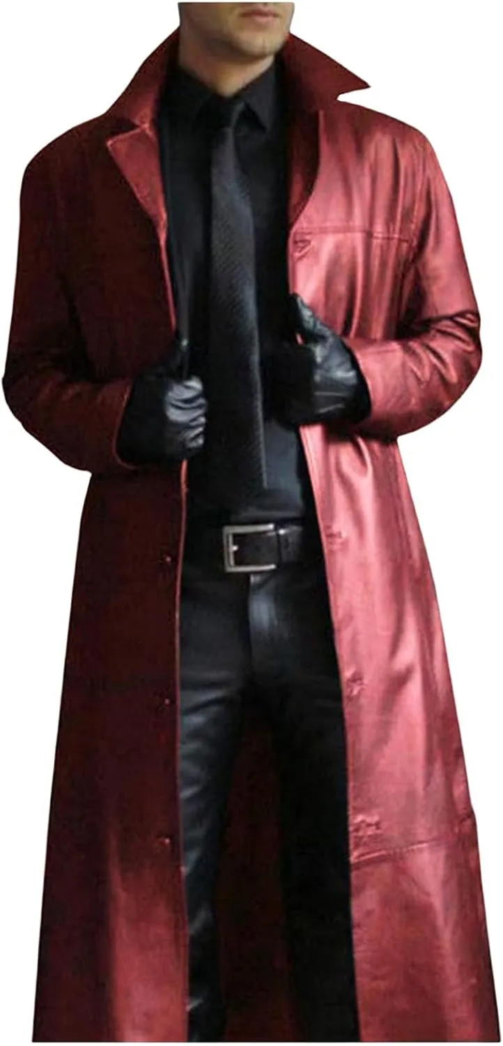Leather Coat Men Full Length Vintage Classic Faux Leather Long Leather Jacket Notched Collar Long Trench Coat Overcoat