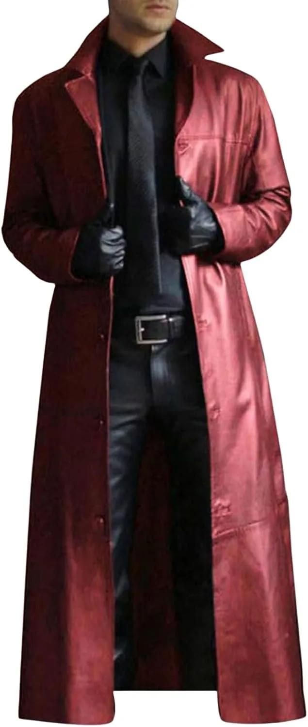 Leather Coat Men Full Length Vintage Classic Faux Leather Long Leather Jacket Notched Collar Long Trench Coat Overcoat