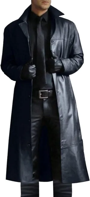 Leather Coat Men Full Length Vintage Classic Faux Leather Long Leather Jacket Notched Collar Long Trench Coat Overcoat