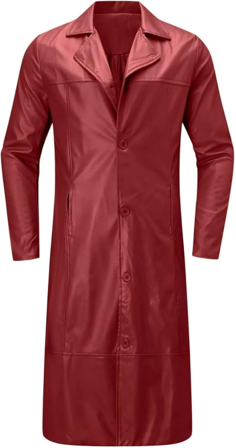 Leather Coat Men Full Length Vintage Classic Faux Leather Long Leather Jacket Notched Collar Long Trench Coat Overcoat
