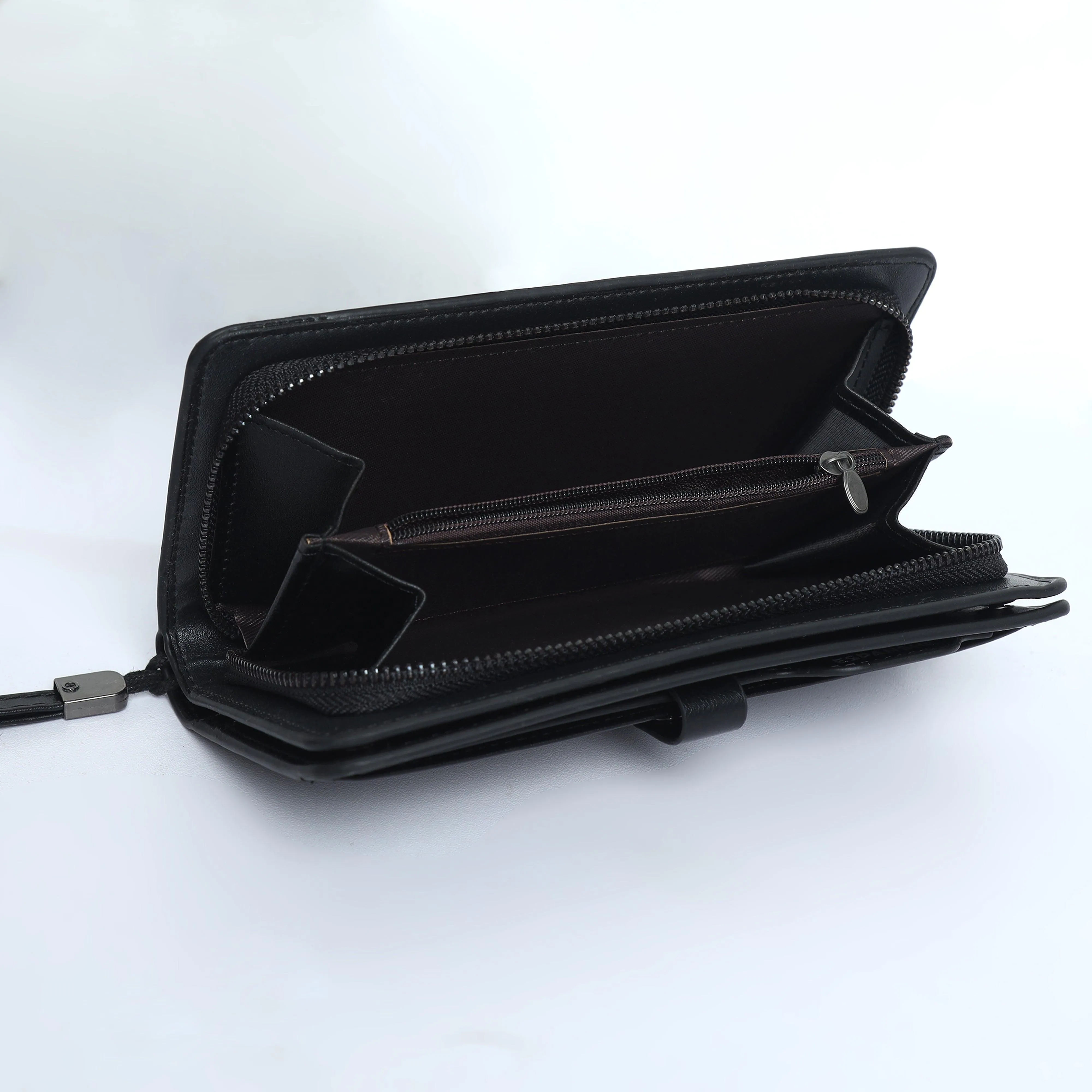 Leather Hand Wallet With Pull Out Card Compartment- Black