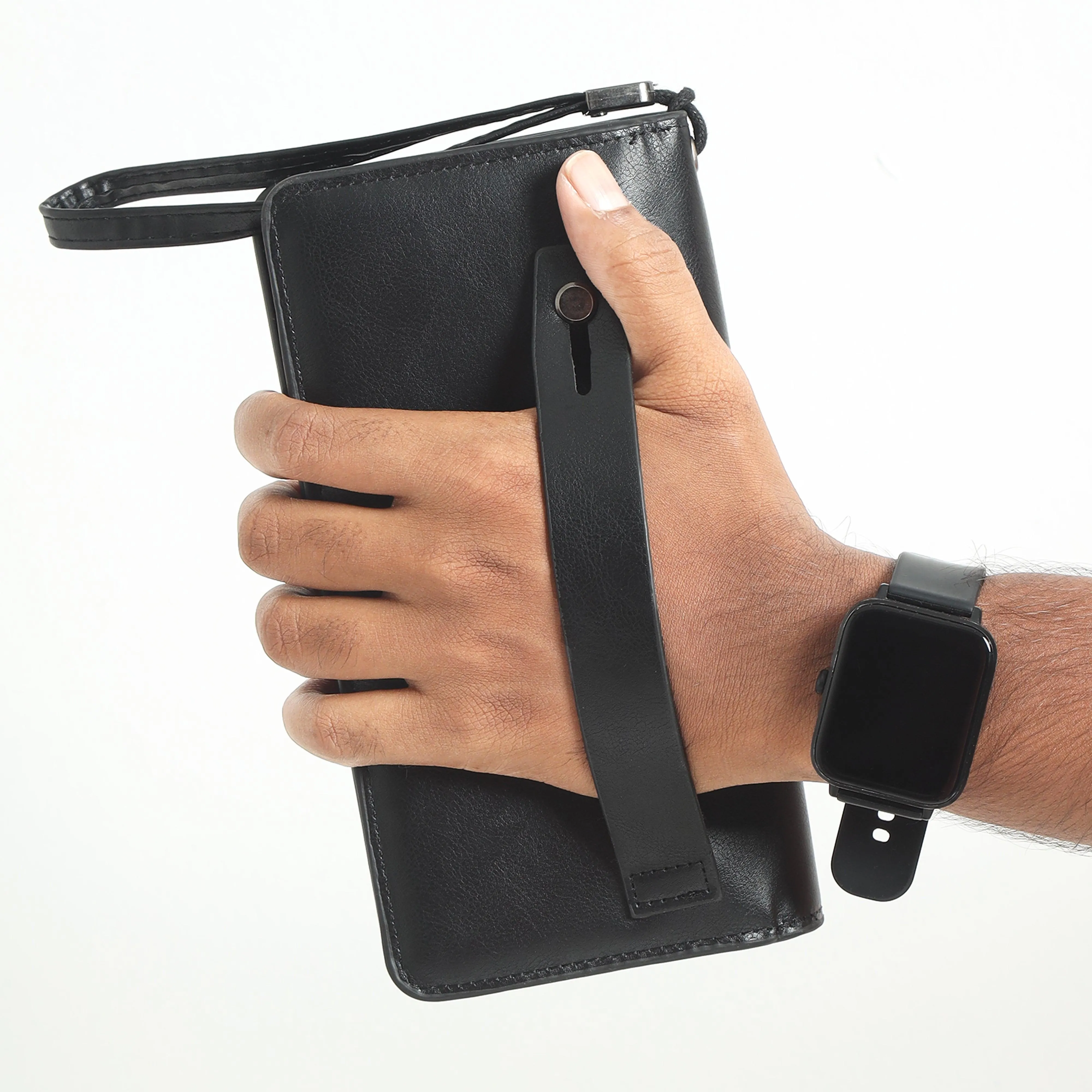 Leather Hand Wallet With Pull Out Card Compartment- Black