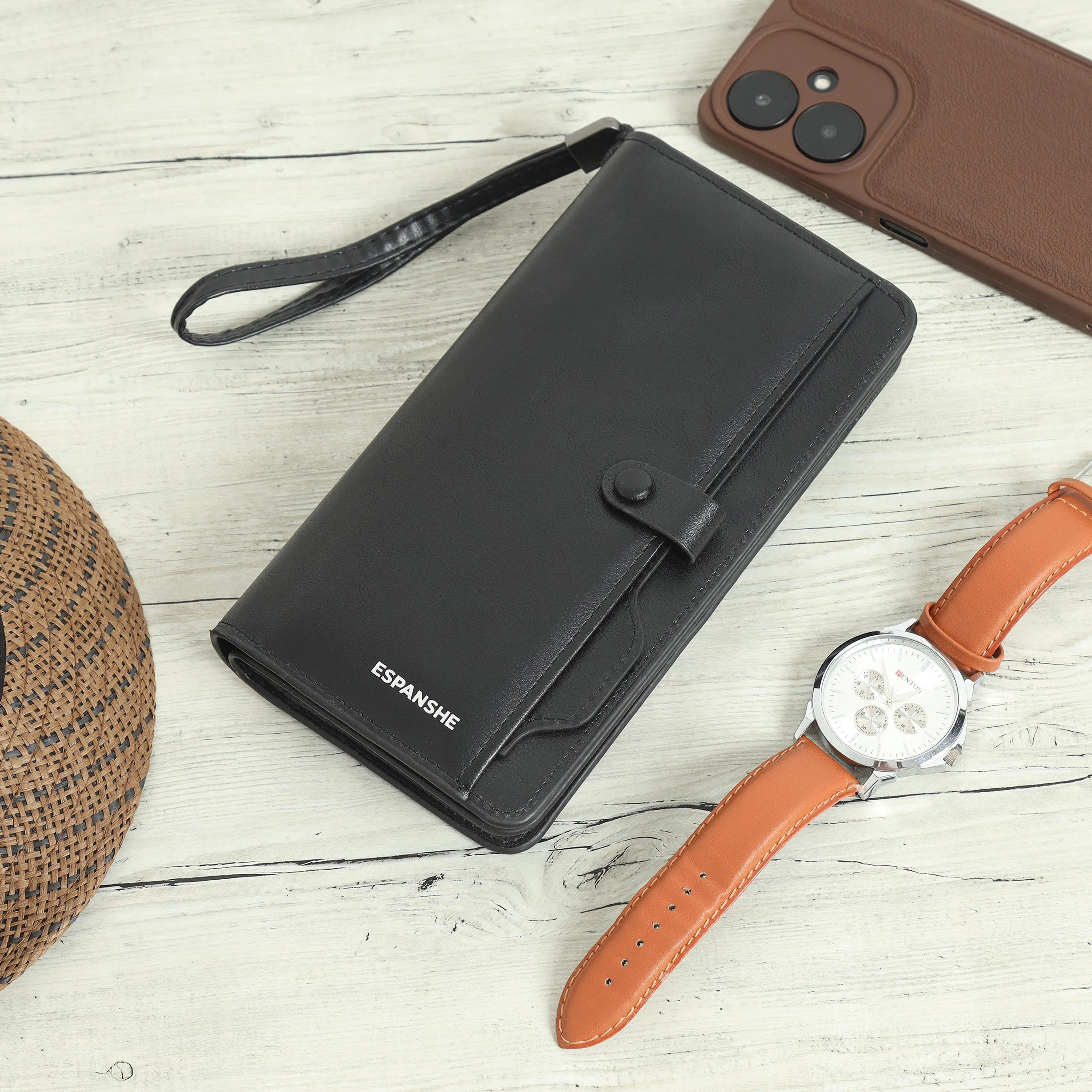 Leather Hand Wallet With Pull Out Card Compartment- Black