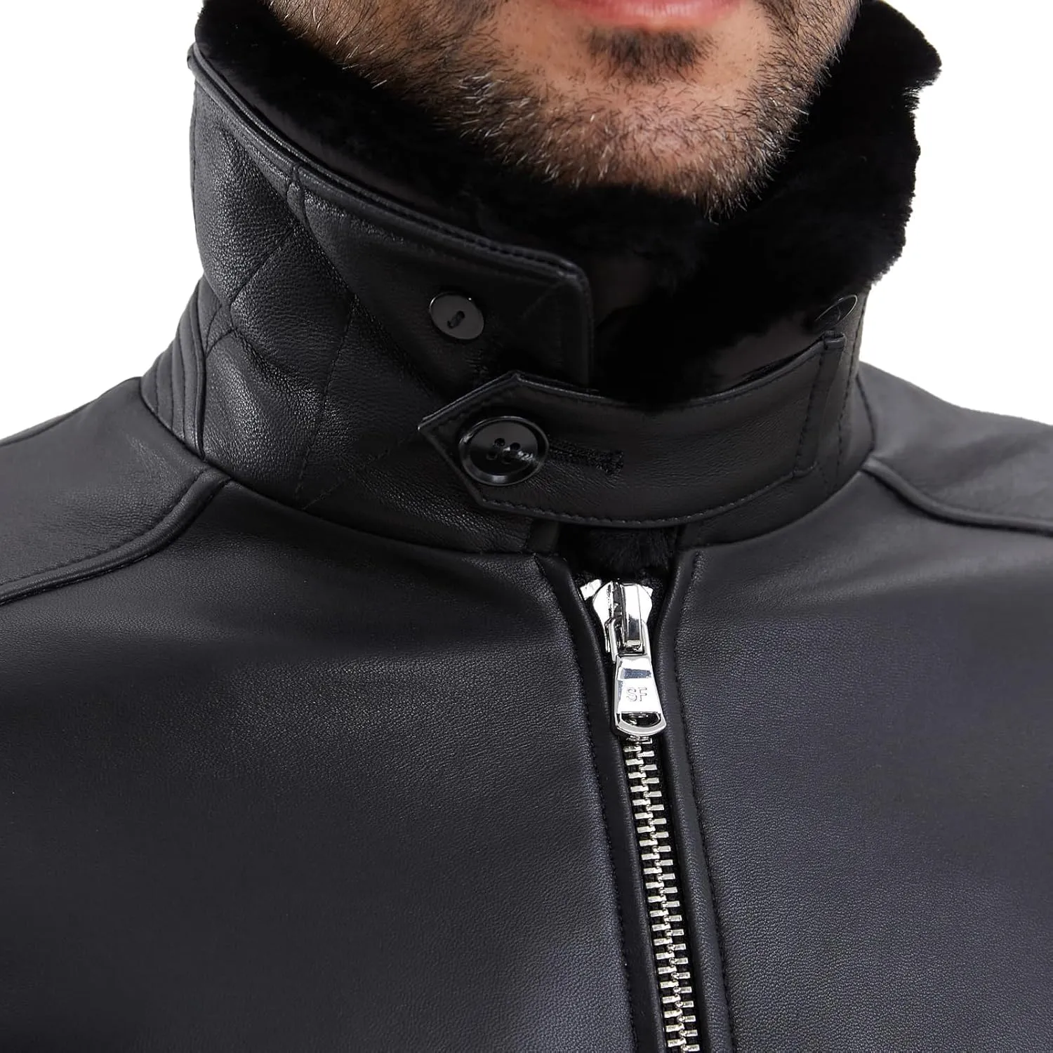 Leather Jacket Men,Lambskin Bomber Jacket with Removable Real Fur Collar,Front Zip Closure, Multiple Pockets