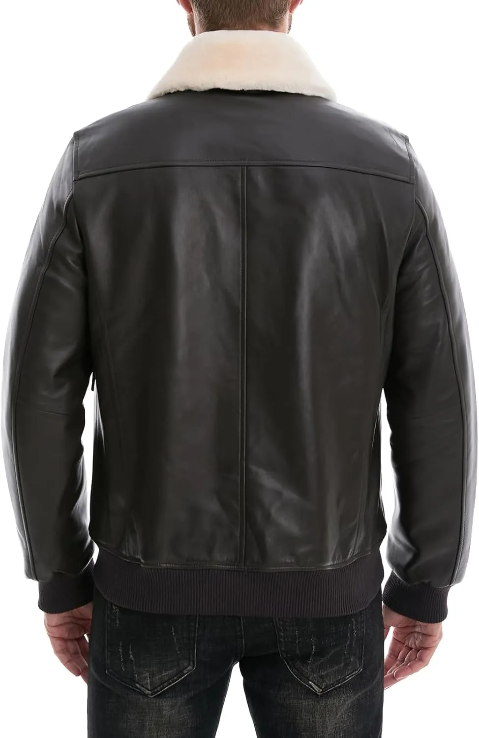 Leather Jacket Men,Lambskin Bomber Jacket with Removable Real Fur Collar,Front Zip Closure, Multiple Pockets