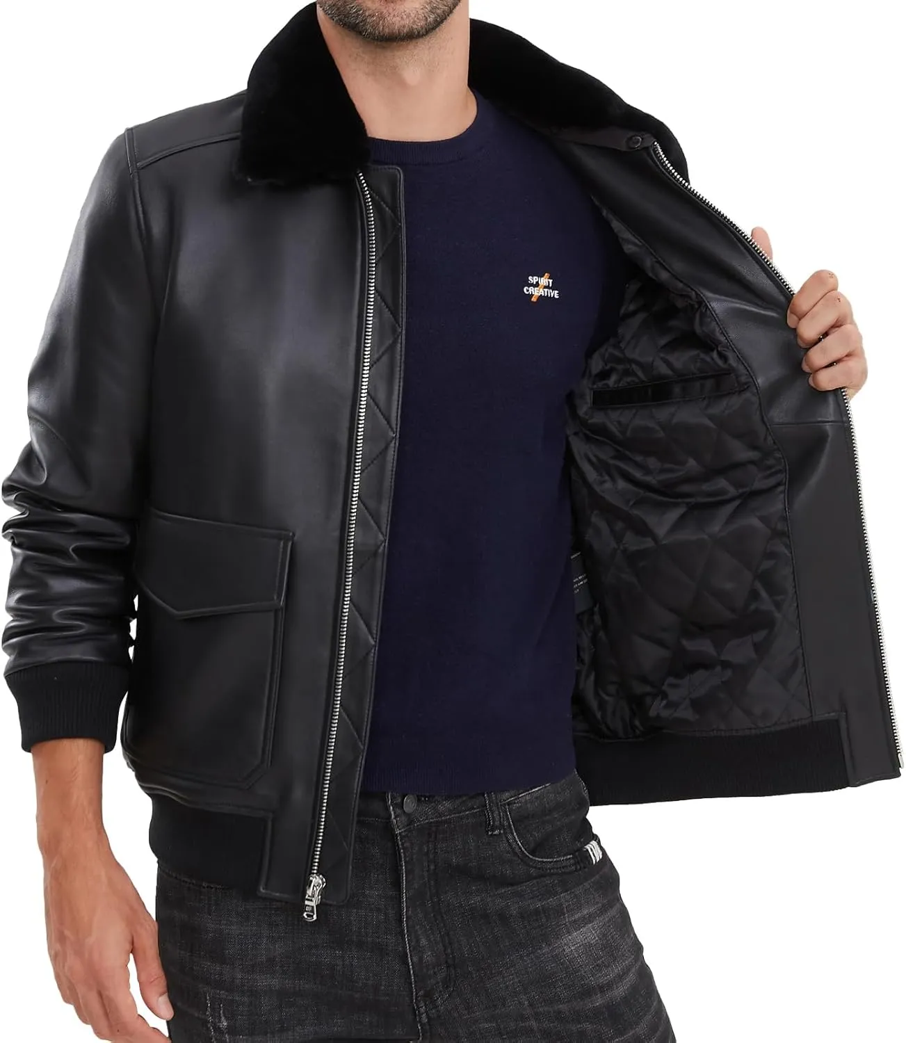 Leather Jacket Men,Lambskin Bomber Jacket with Removable Real Fur Collar,Front Zip Closure, Multiple Pockets