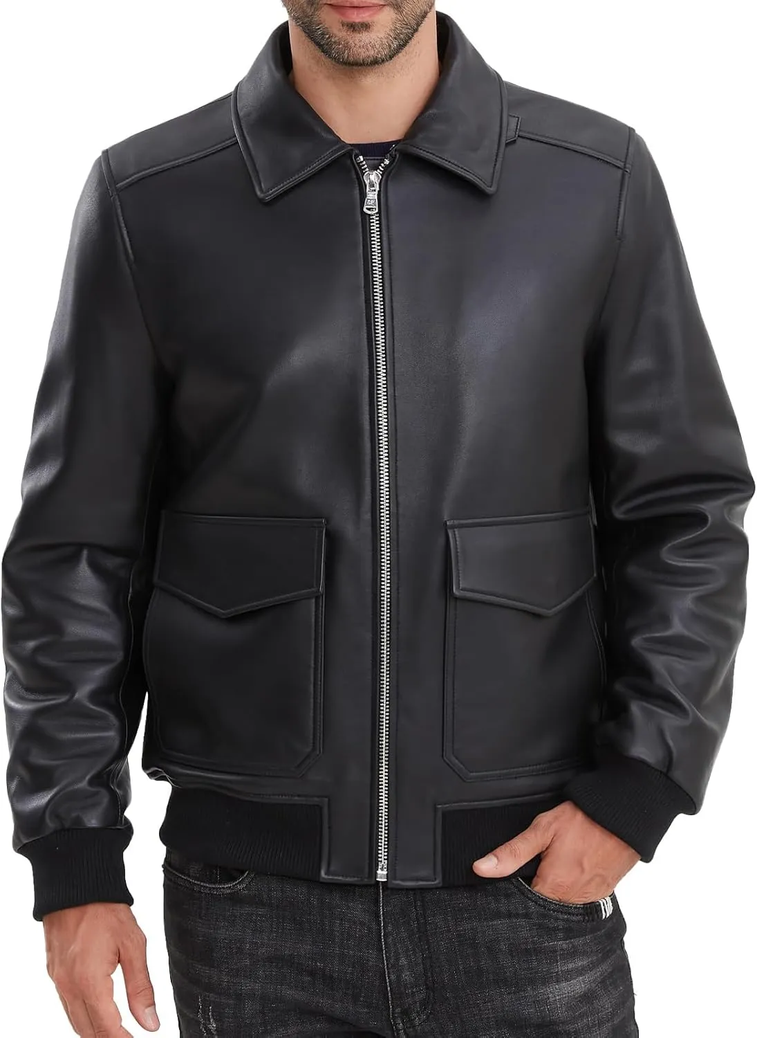 Leather Jacket Men,Lambskin Bomber Jacket with Removable Real Fur Collar,Front Zip Closure, Multiple Pockets