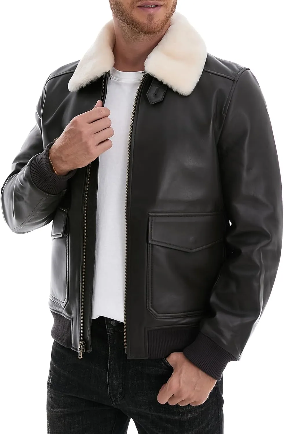 Leather Jacket Men,Lambskin Bomber Jacket with Removable Real Fur Collar,Front Zip Closure, Multiple Pockets