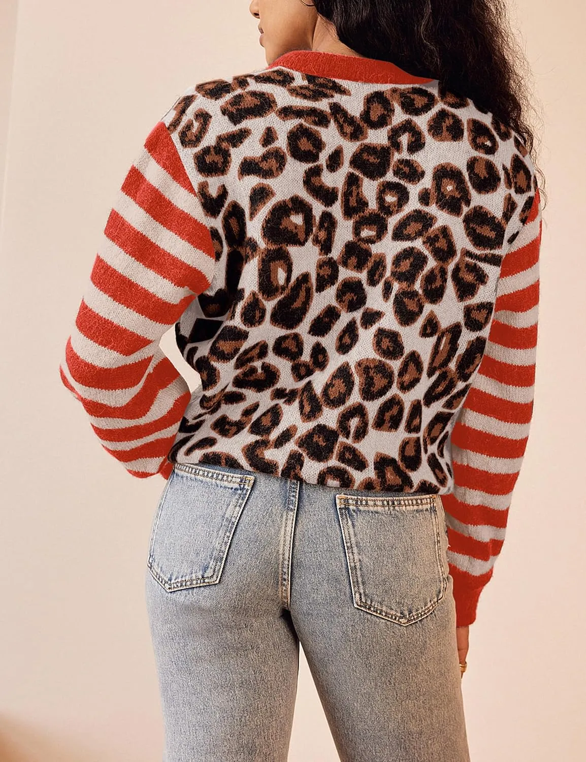 Leopard Striped Cardigans for Women Cheetah Open Front Sweater Knit Button Down Fall Clothes Long Sleeve Outwear Coats