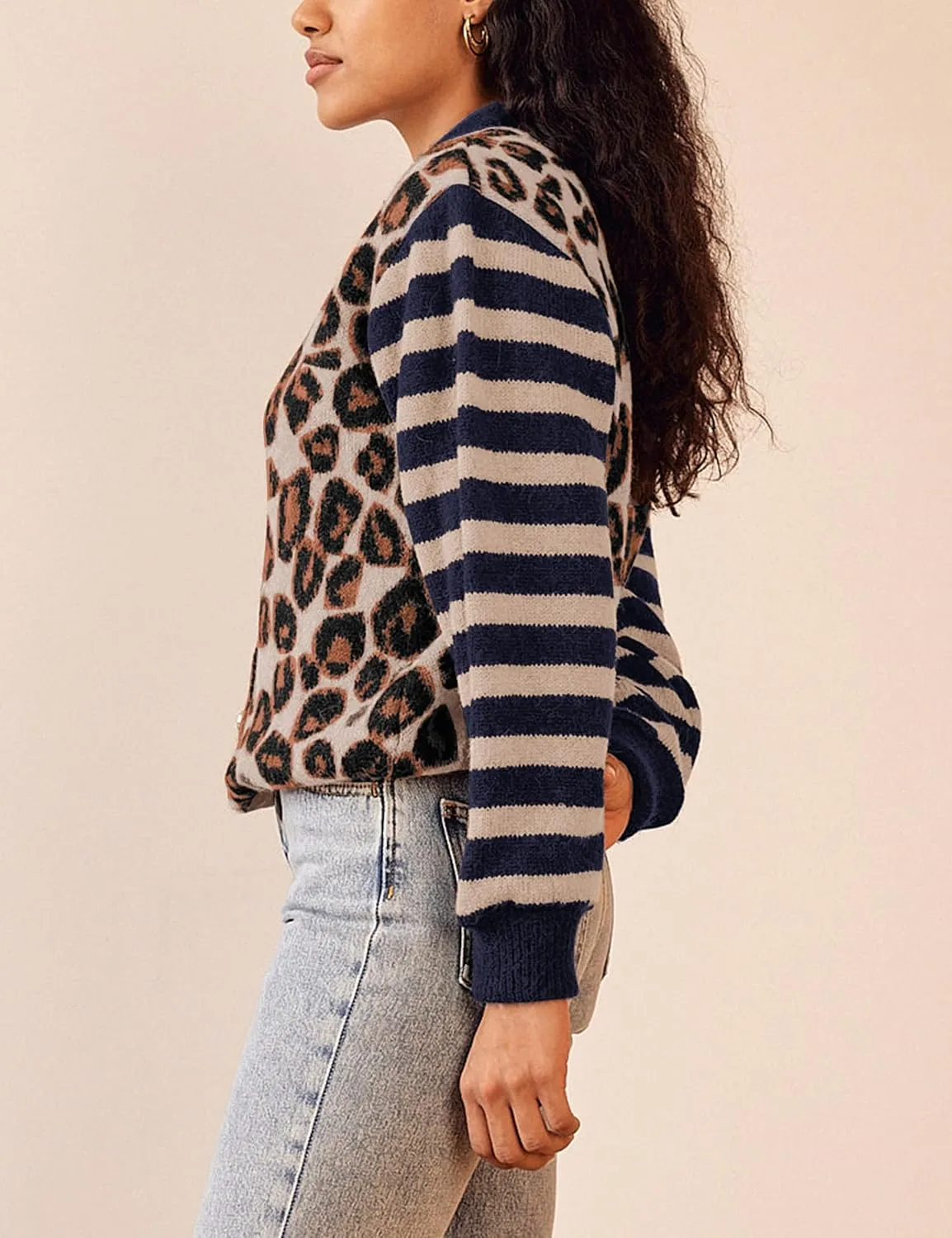 Leopard Striped Cardigans for Women Cheetah Open Front Sweater Knit Button Down Fall Clothes Long Sleeve Outwear Coats