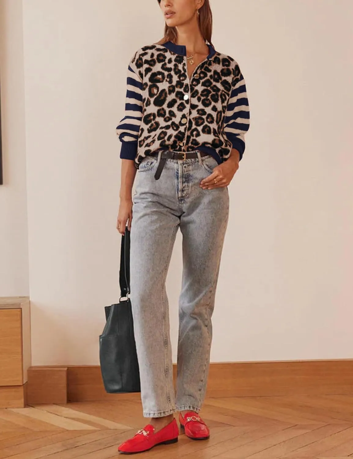 Leopard Striped Cardigans for Women Cheetah Open Front Sweater Knit Button Down Fall Clothes Long Sleeve Outwear Coats