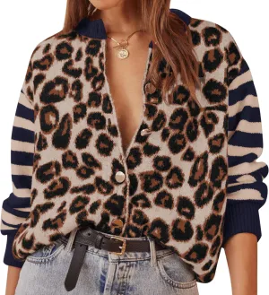 Leopard Striped Cardigans for Women Cheetah Open Front Sweater Knit Button Down Fall Clothes Long Sleeve Outwear Coats