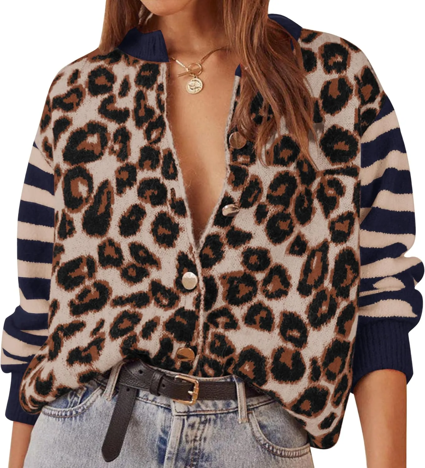 Leopard Striped Cardigans for Women Cheetah Open Front Sweater Knit Button Down Fall Clothes Long Sleeve Outwear Coats