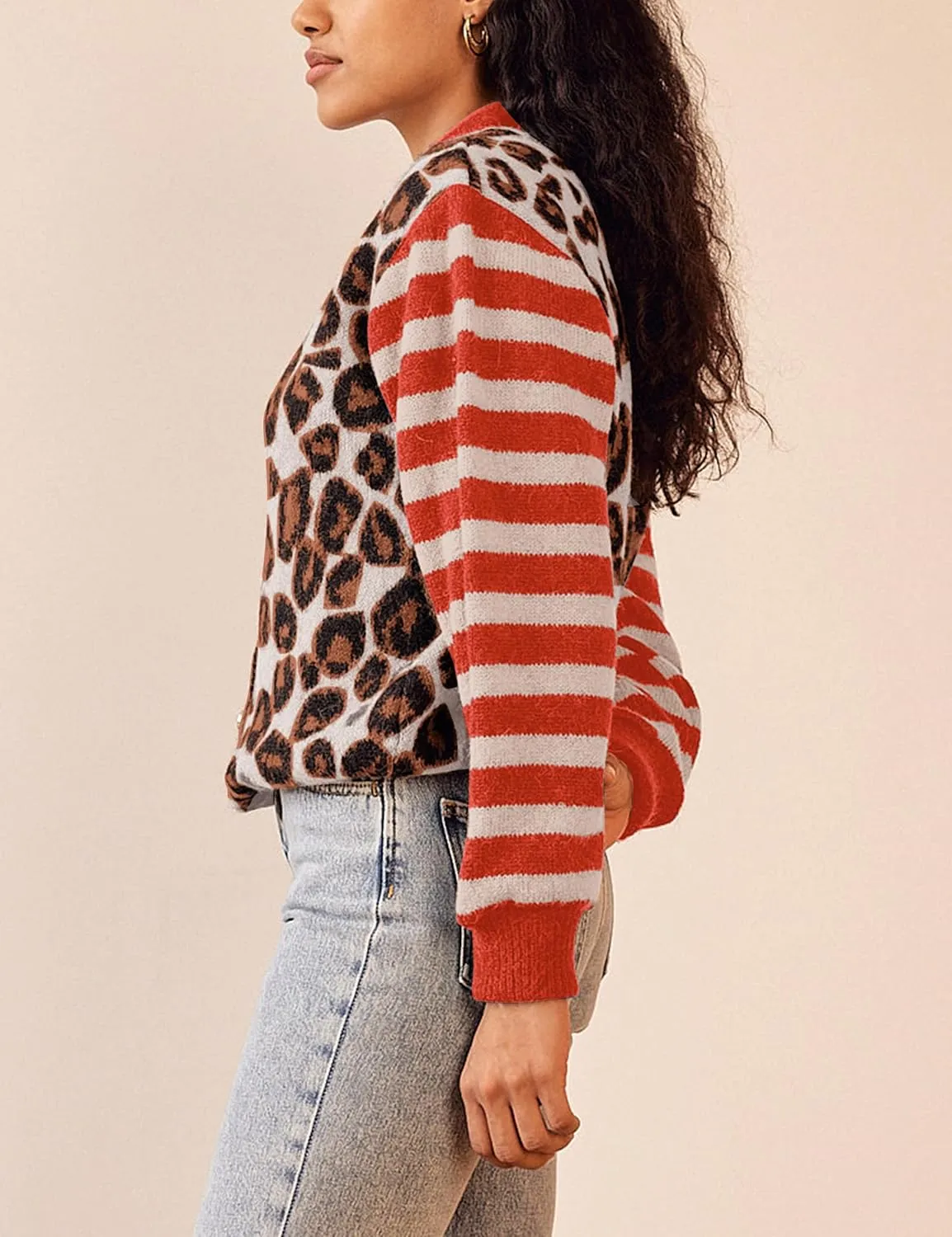 Leopard Striped Cardigans for Women Cheetah Open Front Sweater Knit Button Down Fall Clothes Long Sleeve Outwear Coats