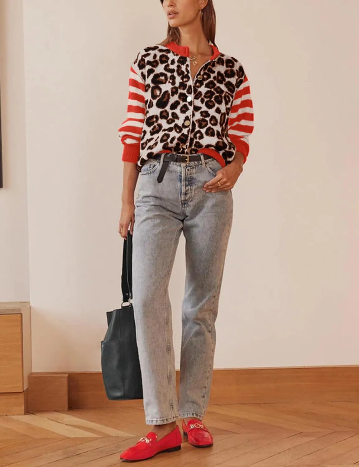 Leopard Striped Cardigans for Women Cheetah Open Front Sweater Knit Button Down Fall Clothes Long Sleeve Outwear Coats