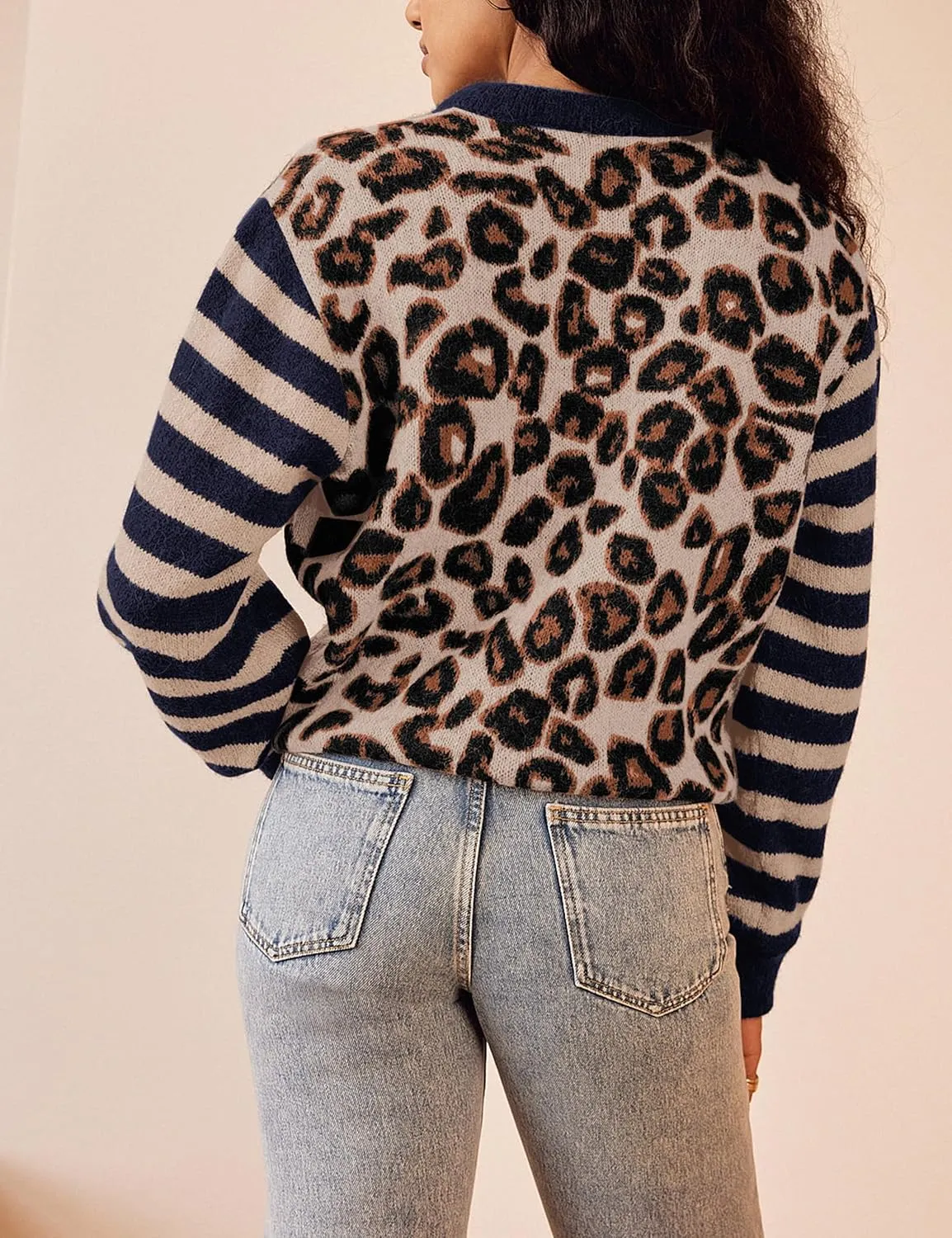 Leopard Striped Cardigans for Women Cheetah Open Front Sweater Knit Button Down Fall Clothes Long Sleeve Outwear Coats