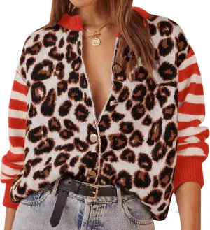 Leopard Striped Cardigans for Women Cheetah Open Front Sweater Knit Button Down Fall Clothes Long Sleeve Outwear Coats