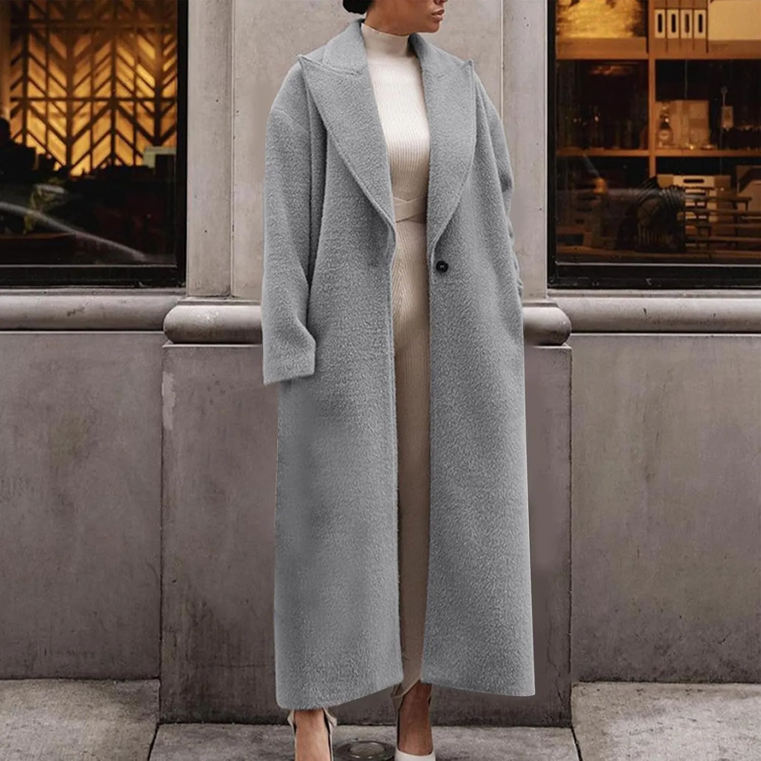 Long Jackets for Women Single Breasted Wool Pea Trench Coats Open Front Knitted Sweater Classic Lapel Solid Overcoat
