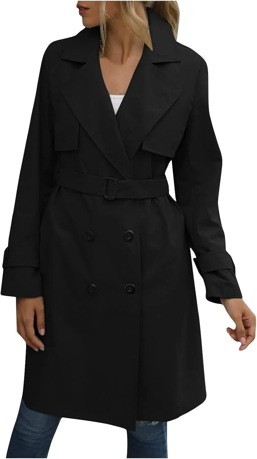 Long Trench Coats for Women Trendy Classic Overcoat Slim Jackets Winter Warm Overcoat Windproof Coat with Belt