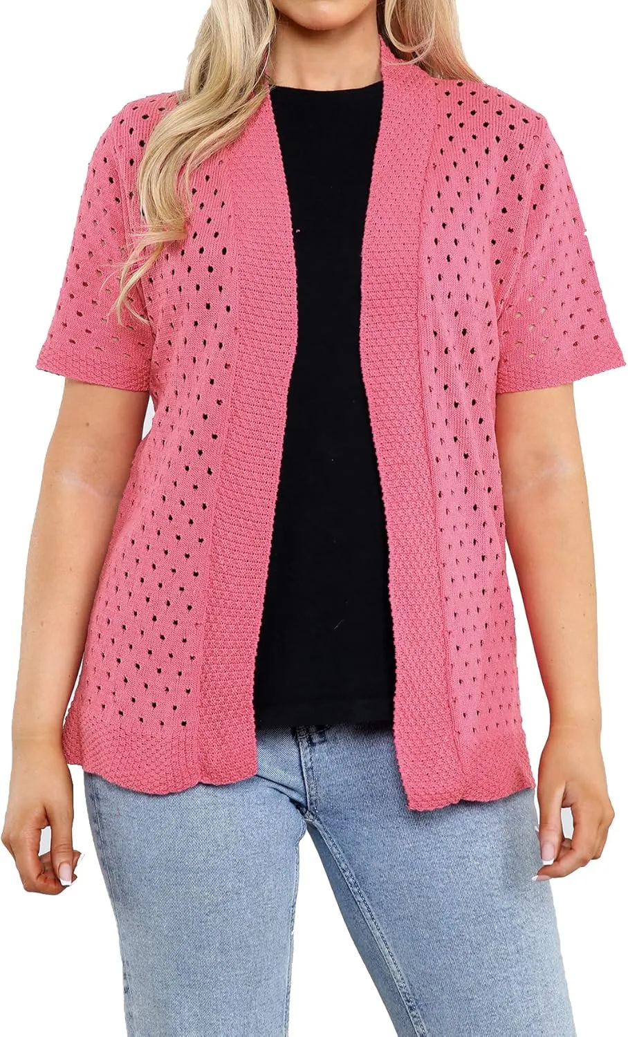 Loxdonz Women's Short Sleeve Knit Crochet Cardigan Sweaters Open Front Coat Summer Cardigan for Women