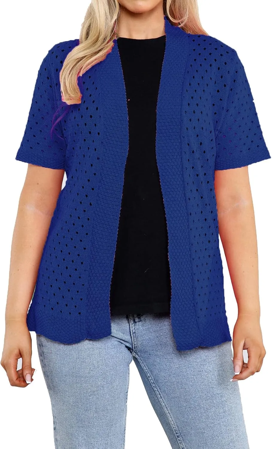 Loxdonz Women's Short Sleeve Knit Crochet Cardigan Sweaters Open Front Coat Summer Cardigan for Women