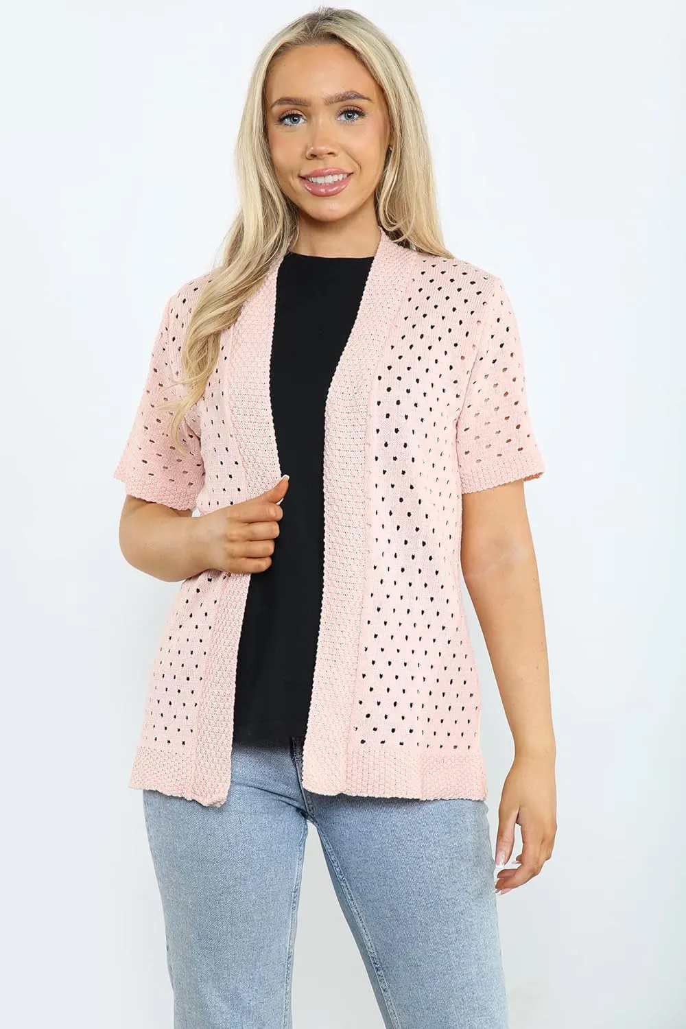 Loxdonz Women's Short Sleeve Knit Crochet Cardigan Sweaters Open Front Coat Summer Cardigan for Women