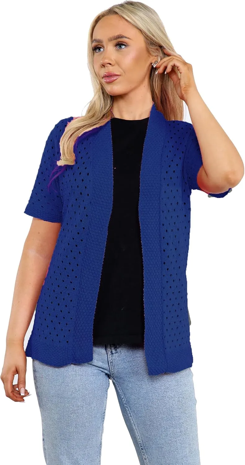 Loxdonz Women's Short Sleeve Knit Crochet Cardigan Sweaters Open Front Coat Summer Cardigan for Women