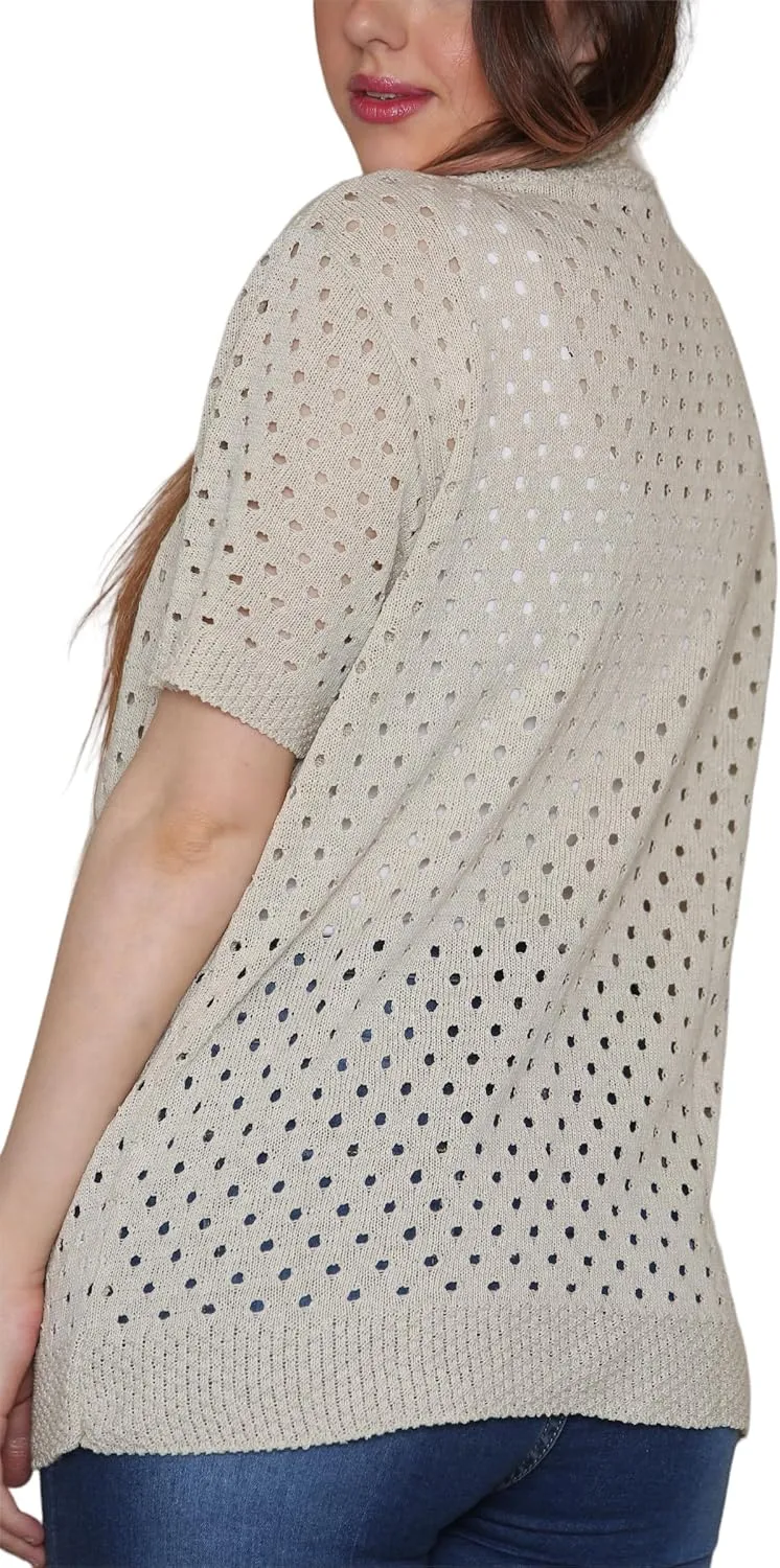 Loxdonz Women's Short Sleeve Knit Crochet Cardigan Sweaters Open Front Coat Summer Cardigan for Women