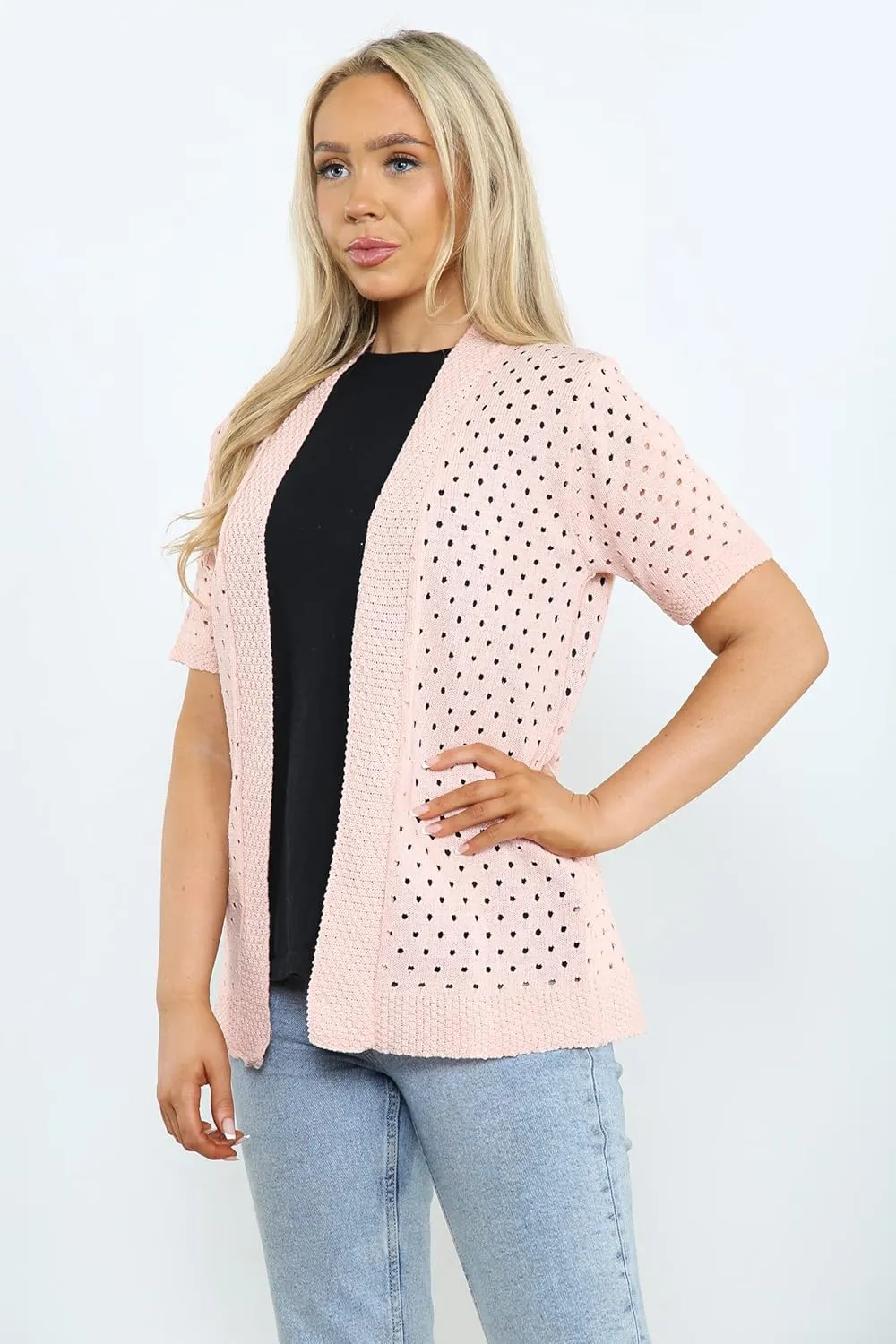 Loxdonz Women's Short Sleeve Knit Crochet Cardigan Sweaters Open Front Coat Summer Cardigan for Women