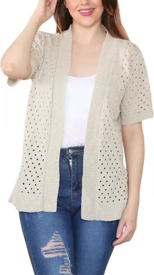 Loxdonz Women's Short Sleeve Knit Crochet Cardigan Sweaters Open Front Coat Summer Cardigan for Women