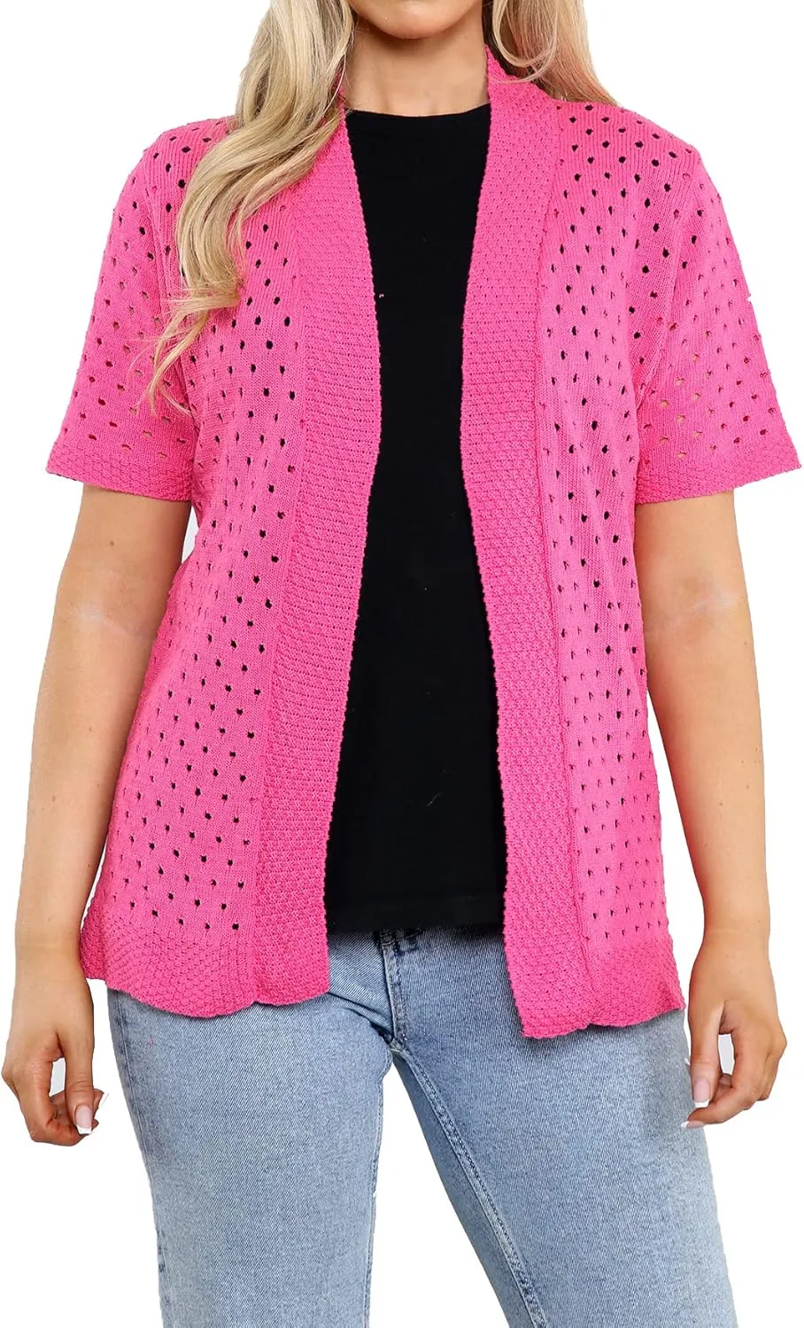 Loxdonz Women's Short Sleeve Knit Crochet Cardigan Sweaters Open Front Coat Summer Cardigan for Women