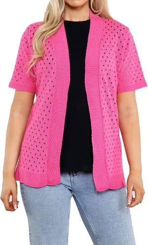 Loxdonz Women's Short Sleeve Knit Crochet Cardigan Sweaters Open Front Coat Summer Cardigan for Women