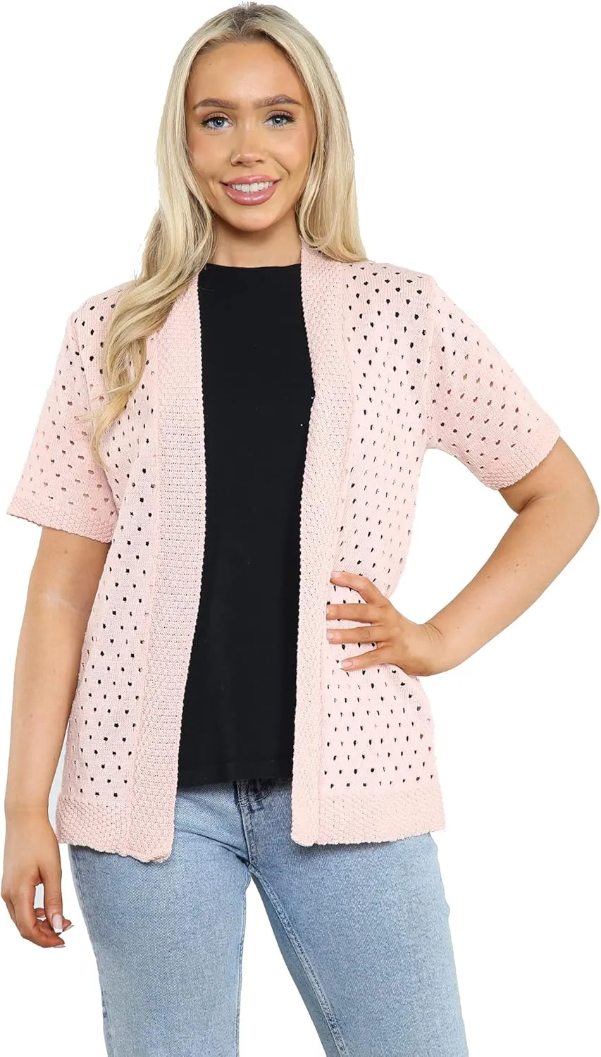 Loxdonz Women's Short Sleeve Knit Crochet Cardigan Sweaters Open Front Coat Summer Cardigan for Women