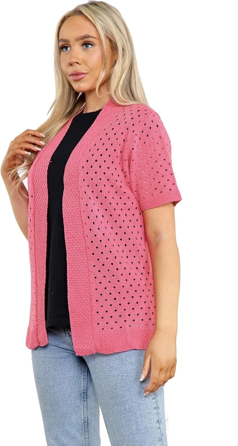 Loxdonz Women's Short Sleeve Knit Crochet Cardigan Sweaters Open Front Coat Summer Cardigan for Women