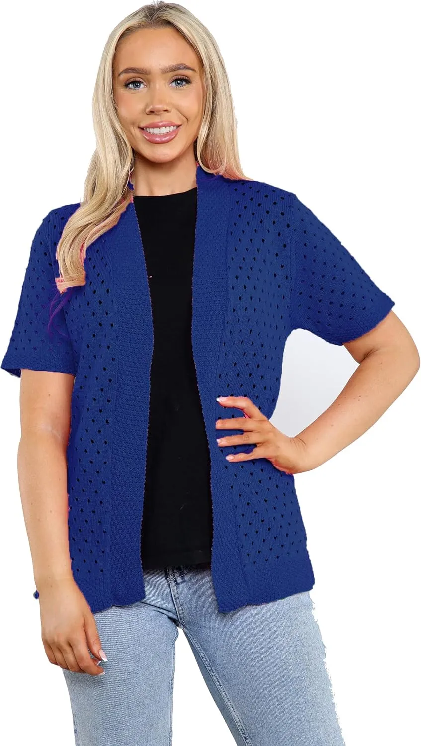 Loxdonz Women's Short Sleeve Knit Crochet Cardigan Sweaters Open Front Coat Summer Cardigan for Women