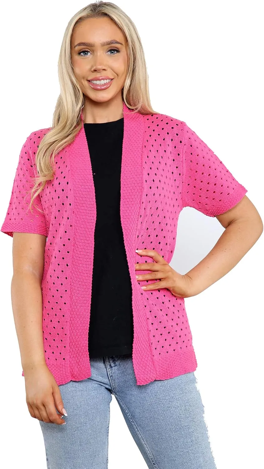 Loxdonz Women's Short Sleeve Knit Crochet Cardigan Sweaters Open Front Coat Summer Cardigan for Women