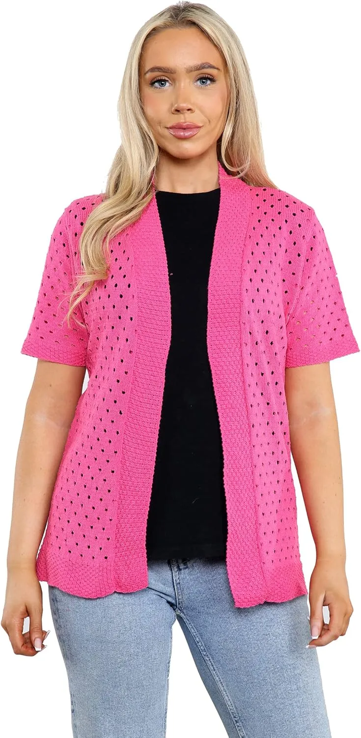 Loxdonz Women's Short Sleeve Knit Crochet Cardigan Sweaters Open Front Coat Summer Cardigan for Women