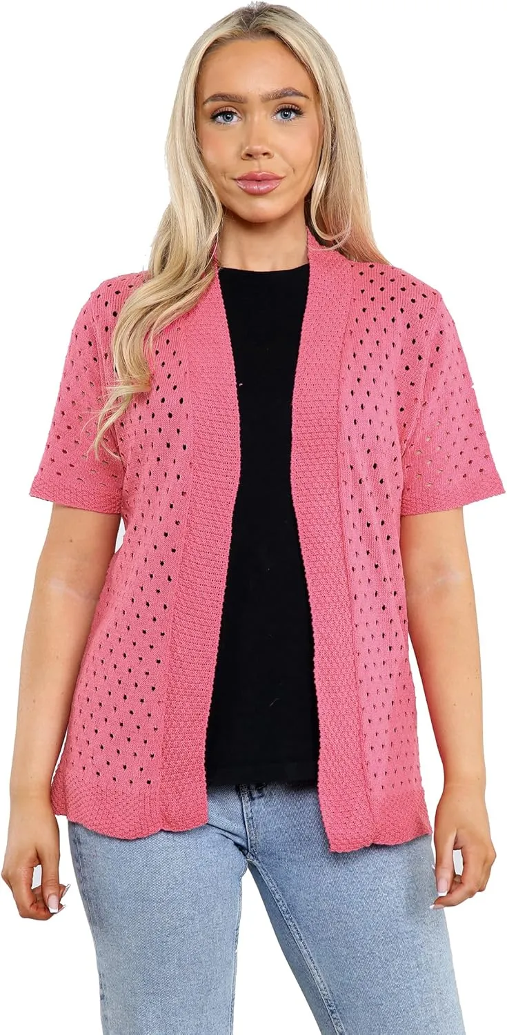 Loxdonz Women's Short Sleeve Knit Crochet Cardigan Sweaters Open Front Coat Summer Cardigan for Women