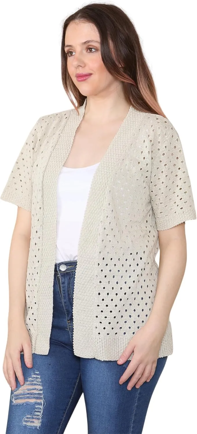 Loxdonz Women's Short Sleeve Knit Crochet Cardigan Sweaters Open Front Coat Summer Cardigan for Women