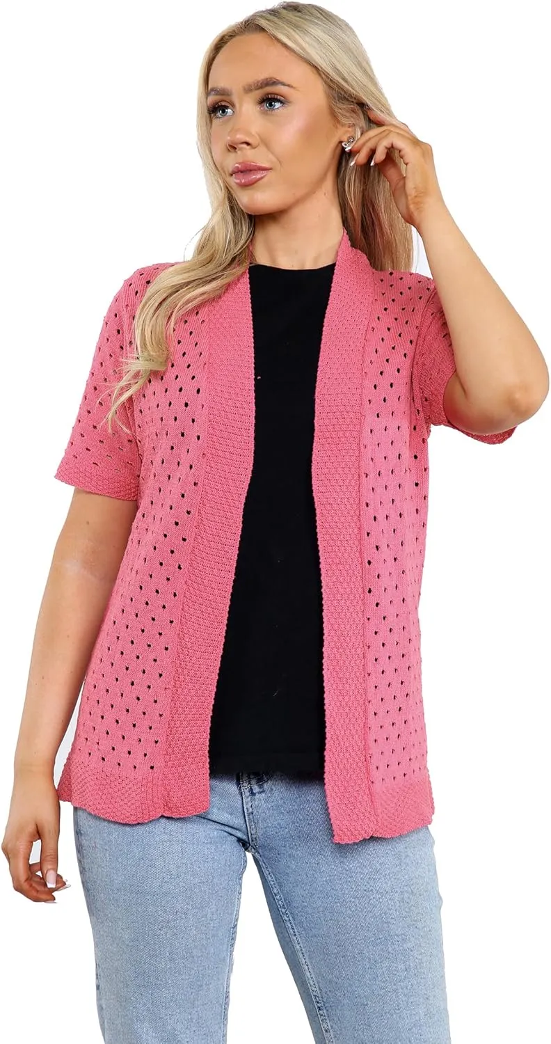 Loxdonz Women's Short Sleeve Knit Crochet Cardigan Sweaters Open Front Coat Summer Cardigan for Women