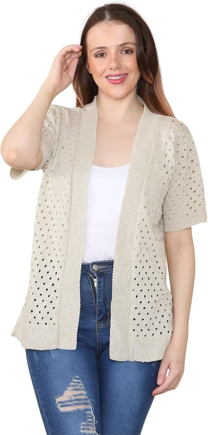 Loxdonz Women's Short Sleeve Knit Crochet Cardigan Sweaters Open Front Coat Summer Cardigan for Women